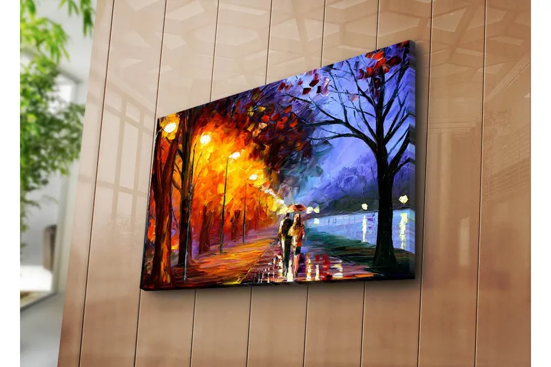 Lerretsbilde 70x45 cm - Romantisk spasertur i regnet med paraplyer i et fargerikt høstmiljø - Oransje / Blå / Gul - Interiør - Maleri & posters - Lerretsbilder