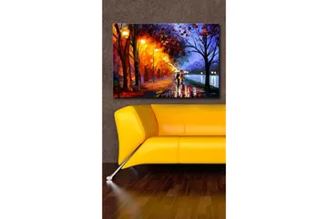 Lerretsbilde 70x45 cm - Romantisk spasertur i regnet med paraplyer i et fargerikt høstmiljø - Oransje / Blå / Gul - Interiør - Maleri & posters - Lerretsbilder