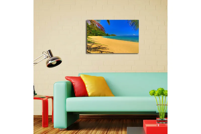 Lerretsbilde 70x45 cm - Solrik strand med turkis vann og palmer - Blå / Grønn / Gul - Interiør - Maleri & posters - Lerretsbilder