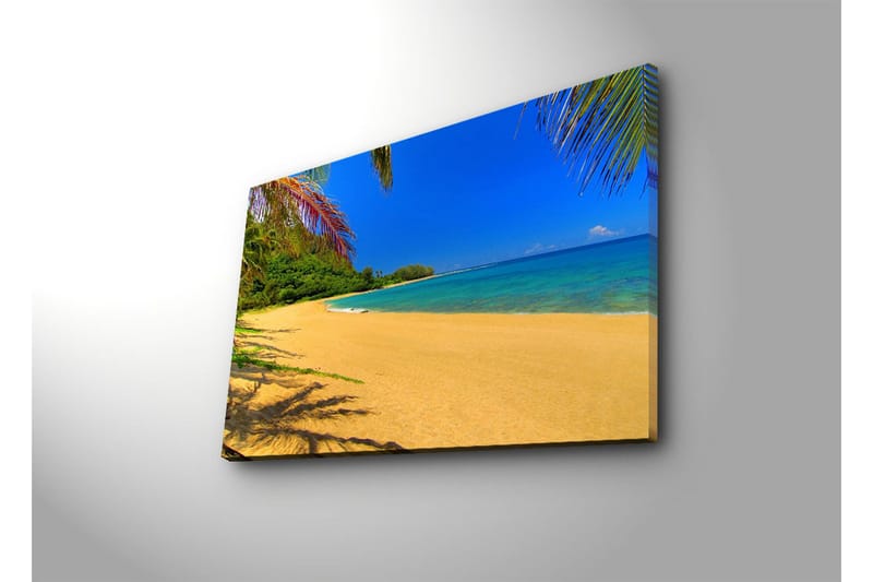 Lerretsbilde 70x45 cm - Solrik strand med turkis vann og palmer - Blå / Grønn / Gul - Interiør - Maleri & posters - Lerretsbilder