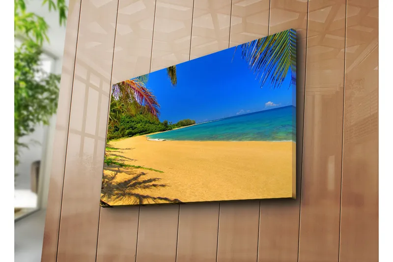 Lerretsbilde 70x45 cm - Solrik strand med turkis vann og palmer - Blå / Grønn / Gul - Interiør - Maleri & posters - Lerretsbilder