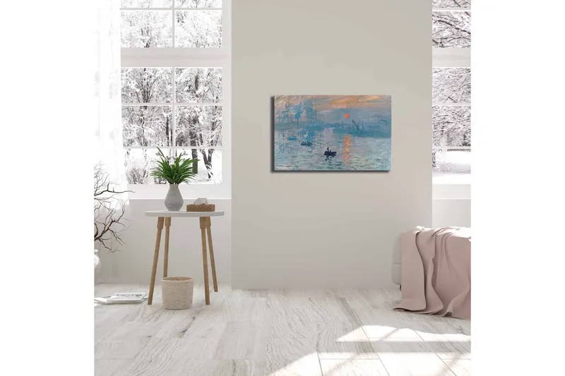 Lerretsbilde 70x45 cm - Stemningsfull havutsikt med båt og solnedgang - Blå / Oransje / Grå - Interiør - Maleri & posters - Lerretsbilder