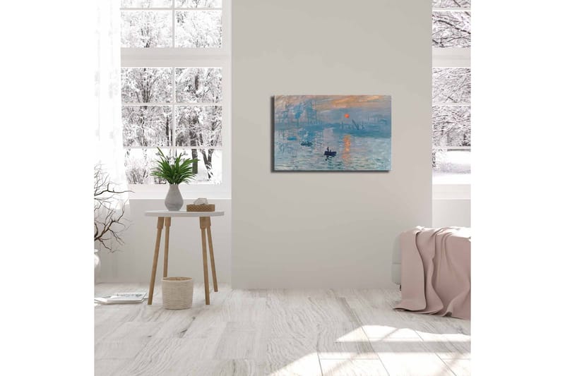 Lerretsbilde 70x45 cm - Stemningsfull havutsikt med båt og solnedgang - Blå / Oransje / Grå - Interiør - Maleri & posters - Lerretsbilder