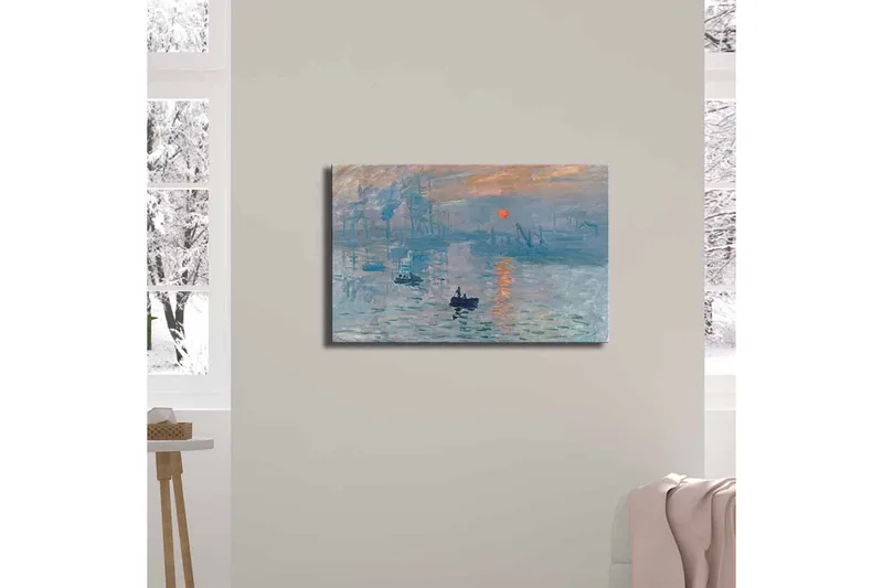 Lerretsbilde 70x45 cm - Stemningsfull havutsikt med båt og solnedgang - Blå / Oransje / Grå - Interiør - Maleri & posters - Lerretsbilder