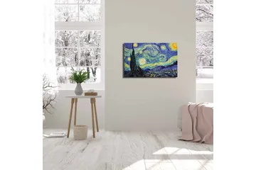 Lerretsbilde 70x45 cm - Stjerneklar natt med virvlende skyer og en sypress i forgrunnen - Mørk blå / Gul / Grønn - Interiør - Maleri & posters - Lerretsbilder