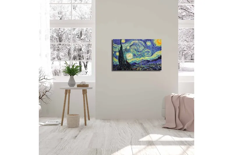 Lerretsbilde 70x45 cm - Stjerneklar natt med virvlende skyer og en sypress i forgrunnen - Mørk blå / Gul / Grønn - Interiør - Maleri & posters - Lerretsbilder