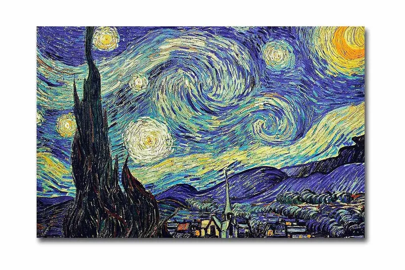 Lerretsbilde 70x45 cm - Stjerneklar natt med virvlende skyer og en sypress i forgrunnen - Mørk blå / Gul / Grønn - Interiør - Maleri & posters - Lerretsbilder