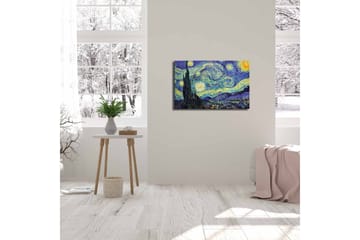 Lerretsbilde 70x45 cm - Stjerneklar natt med virvlende skyer og en sypress i forgrunnen - Mørk blå / Gul / Grønn - Interiør - Maleri & posters - Lerretsbilder