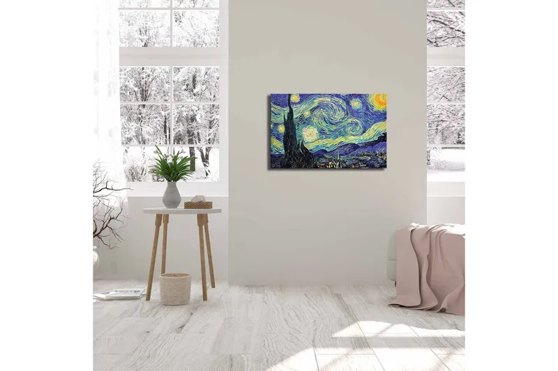 Lerretsbilde 70x45 cm - Stjerneklar natt med virvlende skyer og en sypress i forgrunnen - Mørk blå / Gul / Grønn - Interiør - Maleri & posters - Lerretsbilder