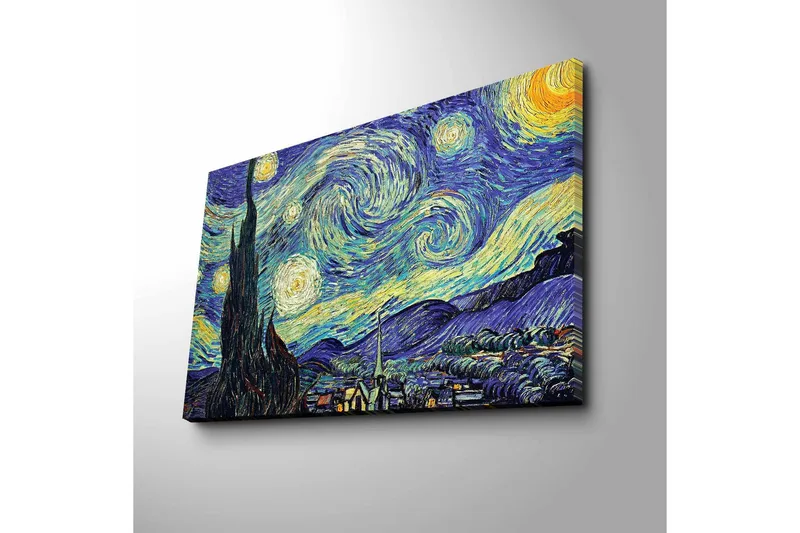 Lerretsbilde 70x45 cm - Stjerneklar natt med virvlende skyer og en sypress i forgrunnen - Mørk blå / Gul / Grønn - Interiør - Maleri & posters - Lerretsbilder