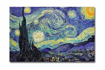 Lerretsbilde 70x45 cm - Stjerneklar natt med virvlende skyer og en sypress i forgrunnen - Mørk blå / Gul / Grønn - Interiør - Maleri & posters - Lerretsbilder