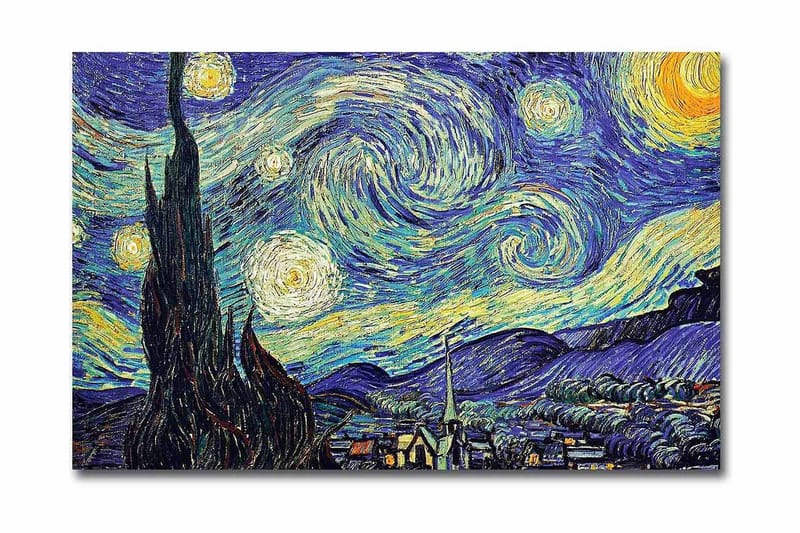 Lerretsbilde 70x45 cm - Stjerneklar natt med virvlende skyer og en sypress i forgrunnen - Mørk blå / Gul / Grønn - Interiør - Maleri & posters - Lerretsbilder