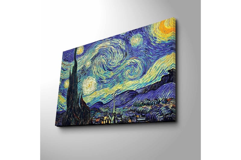 Lerretsbilde 70x45 cm - Stjerneklar natt med virvlende skyer og en sypress i forgrunnen - Mørk blå / Gul / Grønn - Interiør - Maleri & posters - Lerretsbilder