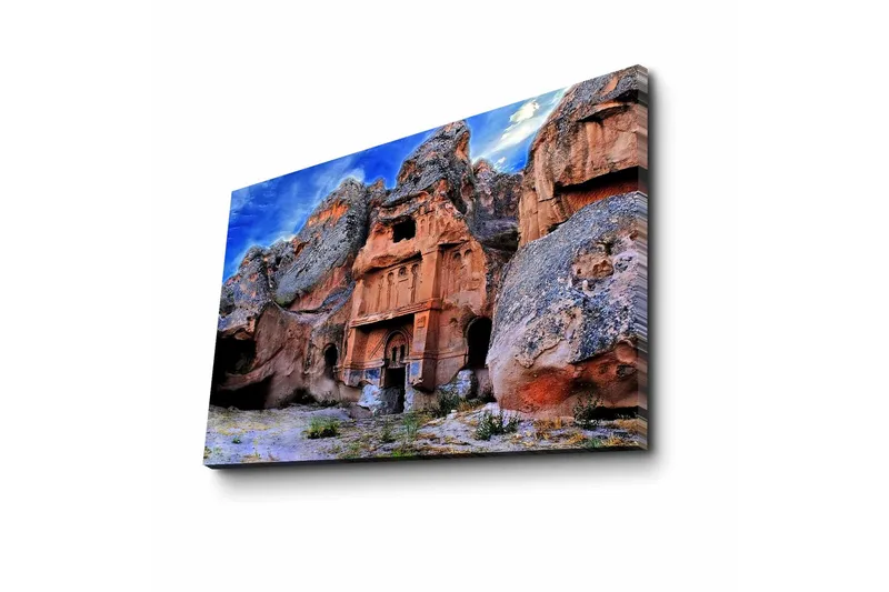 Lerretsbilde 70x45 cm - Storslått fjellformasjon med historiske bygninger - Terrakotta / Grå / Blå - Interiør - Maleri & posters - Lerretsbilder