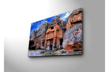 Lerretsbilde 70x45 cm - Storslått fjellformasjon med historiske bygninger - Terrakotta / Grå / Blå - Interiør - Maleri & posters - Lerretsbilder