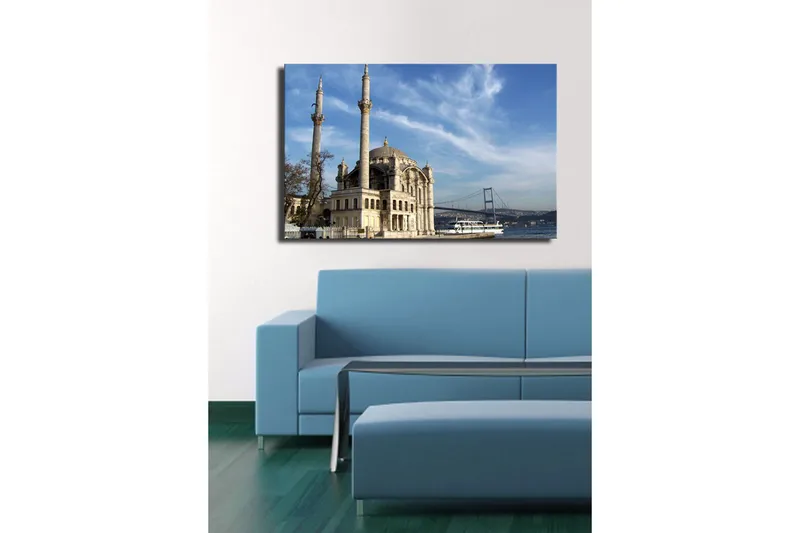 Lerretsbilde 70x45 cm - Storslått moské ved vannet med en bro i bakgrunnen - Grå / Beige / Blå - Interiør - Maleri & posters - Lerretsbilder