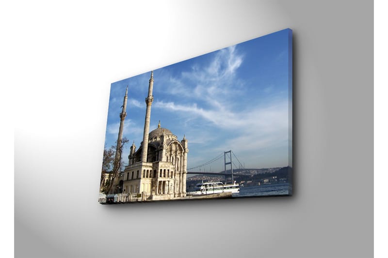 Lerretsbilde 70x45 cm - Storslått moské ved vannet med en bro i bakgrunnen - Grå / Beige / Blå - Interiør - Maleri & posters - Lerretsbilder