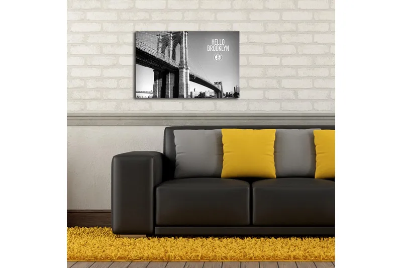 Lerretsbilde 70x45 cm - Svart-hvitt-bilde av Brooklyn Bridge med en urban følelse - Svart / Hvit / Grå - Interiør - Maleri & posters - Lerretsbilder
