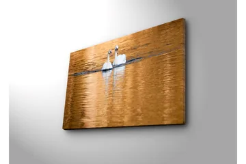 Lerretsbilde 70x45 cm - To svaner som svømmer i speilblanke, gylne vannflater - Hvit / Gull / Blå - Interiør - Maleri & posters - Lerretsbilder