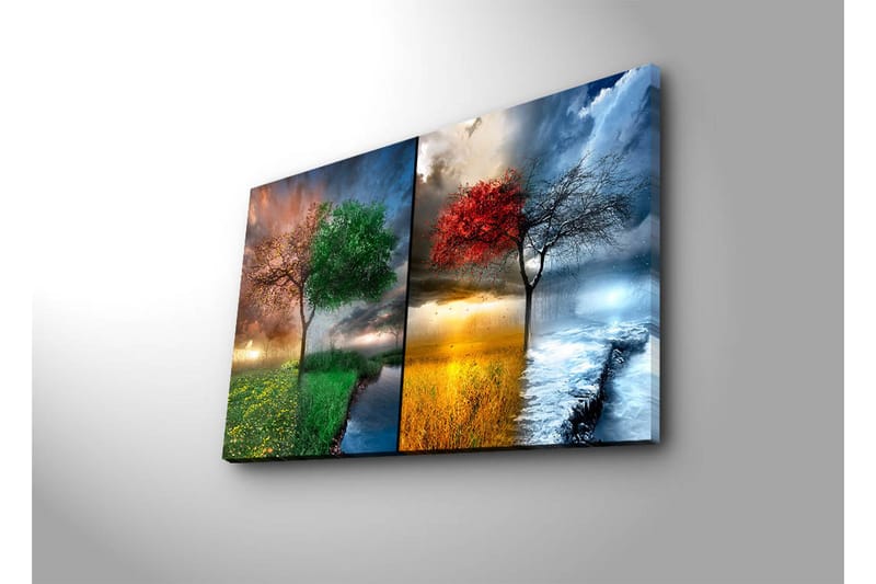 Lerretsbilde 70x45 cm - To trær i kontrasterende årstider, ett med grønne blader og ett med røde blader - Grønn / Rød / Blå - Interiør - Maleri & posters - Lerretsbilder