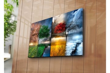 Lerretsbilde 70x45 cm - To trær i kontrasterende årstider, ett med grønne blader og ett med røde blader - Grønn / Rød / Blå - Interiør - Maleri & posters - Lerretsbilder