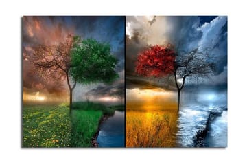 Lerretsbilde 70x45 cm - To trær i kontrasterende årstider, ett med grønne blader og ett med røde blader - Grønn / Rød / Blå - Interiør - Maleri & posters - Lerretsbilder