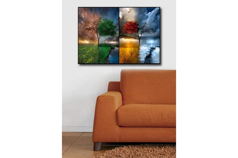 Lerretsbilde 70x45 cm - To trær i kontrasterende årstider, ett med grønne blader og ett med røde blader - Grønn / Rød / Blå - Interiør - Maleri & posters - Lerretsbilder