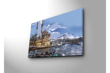 Lerretsbilde 70x45 cm - Vakker moské ved vannet med bro i bakgrunnen - Blå / Beige / Grønn - Interiør - Maleri & posters - Lerretsbilder