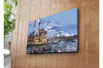 Lerretsbilde 70x45 cm - Vakker moské ved vannet med bro i bakgrunnen - Blå / Beige / Grønn - Interiør - Maleri & posters - Lerretsbilder