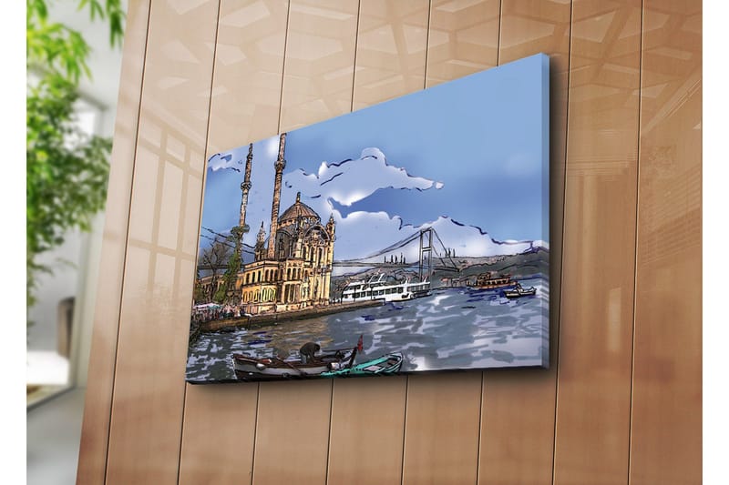 Lerretsbilde 70x45 cm - Vakker moské ved vannet med bro i bakgrunnen - Blå / Beige / Grønn - Interiør - Maleri & posters - Lerretsbilder