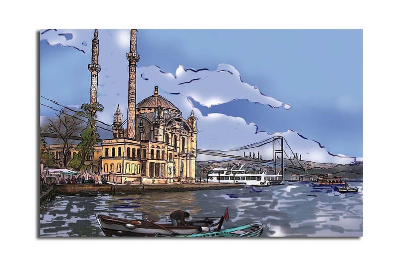 Lerretsbilde 70x45 cm - Vakker moské ved vannet med bro i bakgrunnen - Blå / Beige / Grønn - Interiør - Maleri & posters - Lerretsbilder