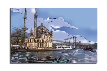 Lerretsbilde 70x45 cm - Vakker moské ved vannet med bro i bakgrunnen - Blå / Beige / Grønn - Interiør - Maleri & posters - Lerretsbilder