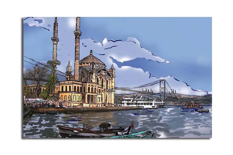 Lerretsbilde 70x45 cm - Vakker moské ved vannet med bro i bakgrunnen - Blå / Beige / Grønn - Interiør - Maleri & posters - Lerretsbilder