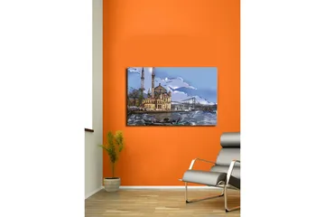 Lerretsbilde 70x45 cm - Vakker moské ved vannet med bro i bakgrunnen - Blå / Beige / Grønn - Interiør - Maleri & posters - Lerretsbilder