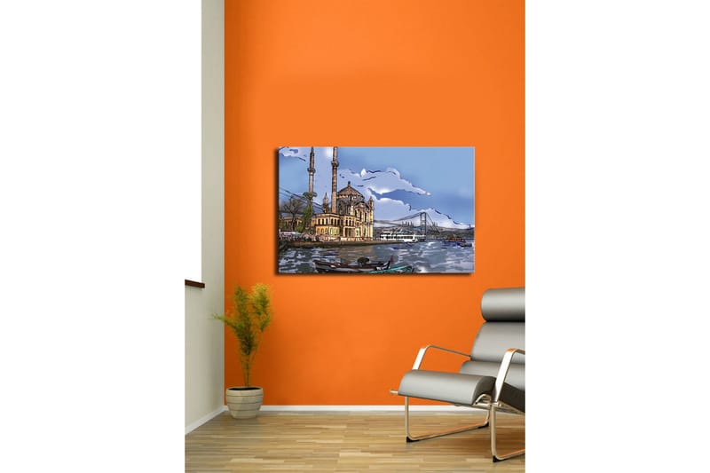 Lerretsbilde 70x45 cm - Vakker moské ved vannet med bro i bakgrunnen - Blå / Beige / Grønn - Interiør - Maleri & posters - Lerretsbilder