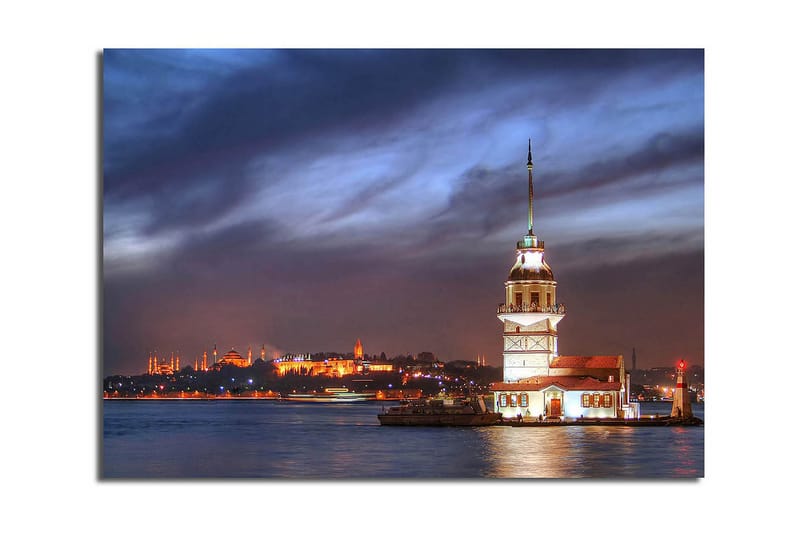 Lerretsbilde 70x45 cm - Vakkert fyrtårn plassert på vannet med en dramatisk himmel i bakgrunnen - Mørk blå / Hvit / Oransje - Interiør - Maleri & posters - Lerretsbilder
