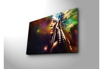 Lerretsbilde 70x45 cm - Portrett av en indianer med fjær og stjernehimmel bakgrunn - Mørk brun / Grønn / Lilla - Interiør - Maleri & posters - Lerretsbilder