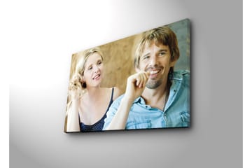 Lerretsbilde 70x45 cm - Portrett av to personer i en avslappet samtale - Hudtone / Lys blå / Beige - Interiør - Maleri & posters - Lerretsbilder