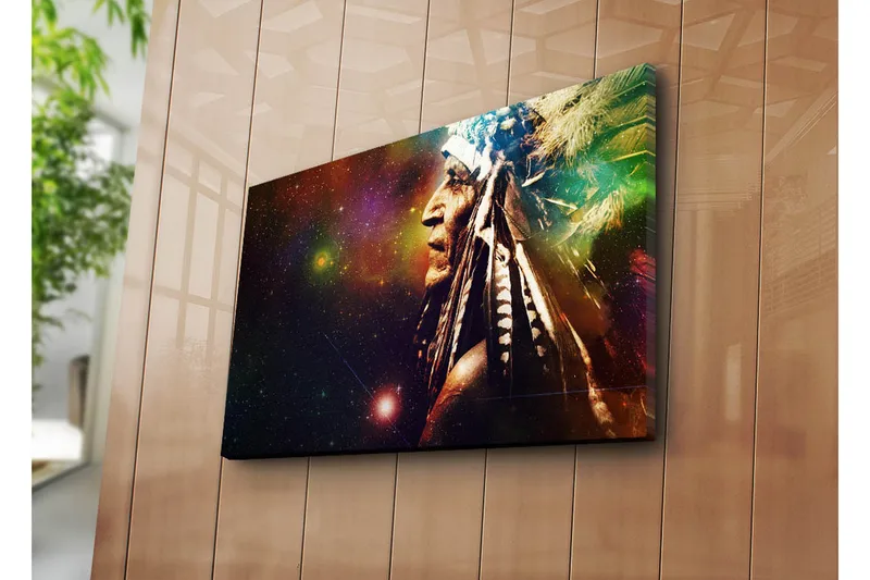 Lerretsbilde 70x45 cm - Portrett av en indianer med fjær og stjernehimmel bakgrunn - Mørk brun / Grønn / Lilla - Interiør - Maleri & posters - Lerretsbilder