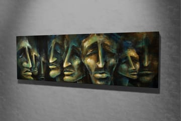 Lerretsbilde 80x30 cm - Abstrakt komposisjon av ansikter med uttrykksfulle trekk - Mørk blå / Grønn / Beige - Interiør - Maleri & posters - Lerretsbilder