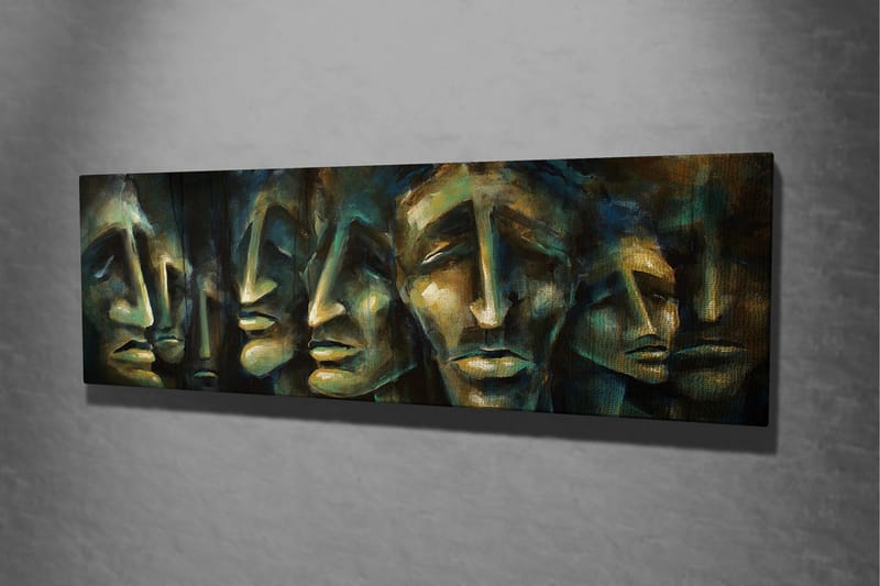 Lerretsbilde 80x30 cm - Abstrakt komposisjon av ansikter med uttrykksfulle trekk - Mørk blå / Grønn / Beige - Interiør - Maleri & posters - Lerretsbilder