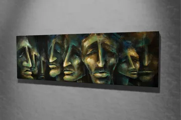 Lerretsbilde 80x30 cm - Abstrakt komposisjon av ansikter med uttrykksfulle trekk - Mørk blå / Grønn / Beige - Interiør - Maleri & posters - Lerretsbilder