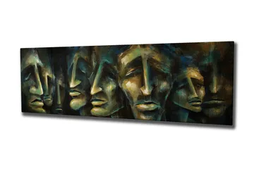 Lerretsbilde 80x30 cm - Abstrakt komposisjon av ansikter med uttrykksfulle trekk - Mørk blå / Grønn / Beige - Interiør - Maleri & posters - Lerretsbilder