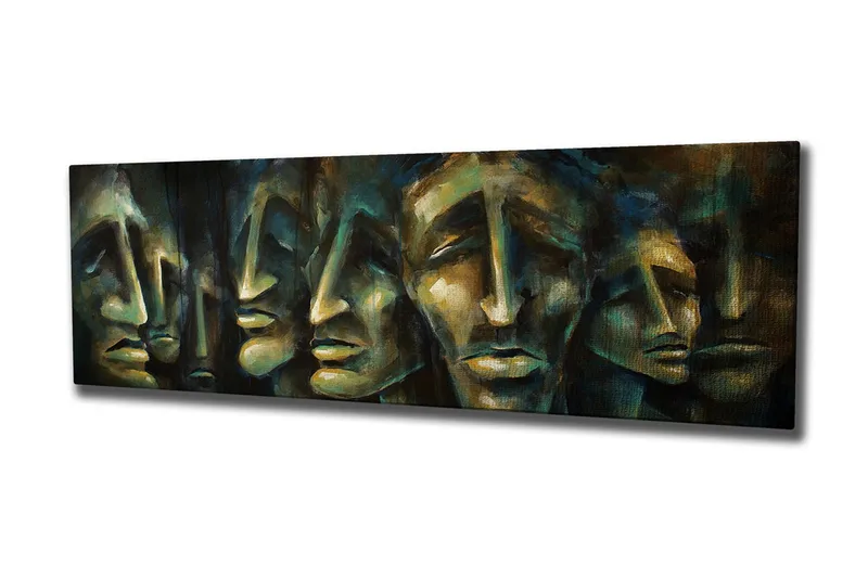 Lerretsbilde 80x30 cm - Abstrakt komposisjon av ansikter med uttrykksfulle trekk, Mørk blå / Grønn / Beige