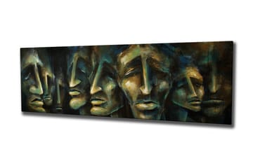Lerretsbilde 80x30 cm - Abstrakt komposisjon av ansikter med uttrykksfulle trekk - Mørk blå / Grønn / Beige - Interiør - Maleri & posters - Lerretsbilder