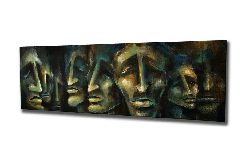 Lerretsbilde 80x30 cm - Abstrakt komposisjon av ansikter med uttrykksfulle trekk - Mørk blå / Grønn / Beige - Interiør - Maleri & posters - Lerretsbilder