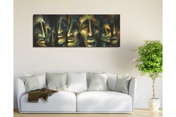 Lerretsbilde 80x30 cm - Abstrakt komposisjon av ansikter med uttrykksfulle trekk - Mørk blå / Grønn / Beige - Interiør - Maleri & posters - Lerretsbilder