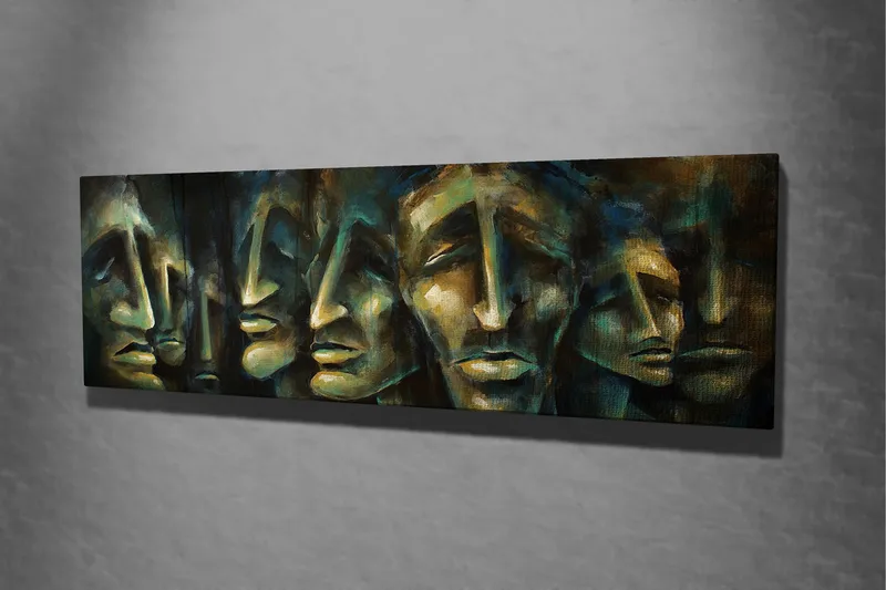Lerretsbilde 80x30 cm - Abstrakt komposisjon av ansikter med uttrykksfulle trekk - Mørk blå / Grønn / Beige - Interiør - Maleri & posters - Lerretsbilder