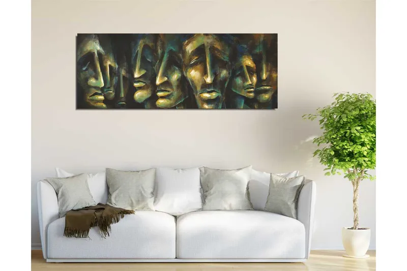 Lerretsbilde 80x30 cm - Abstrakt komposisjon av ansikter med uttrykksfulle trekk - Mørk blå / Grønn / Beige - Interiør - Maleri & posters - Lerretsbilder