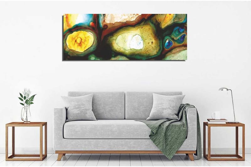 Lerretsbilde 80x30 cm - Abstrakt komposisjon med organiske former og fargede elementer - Grønn / Gul / Blå - Interiør - Maleri & posters - Lerretsbilder